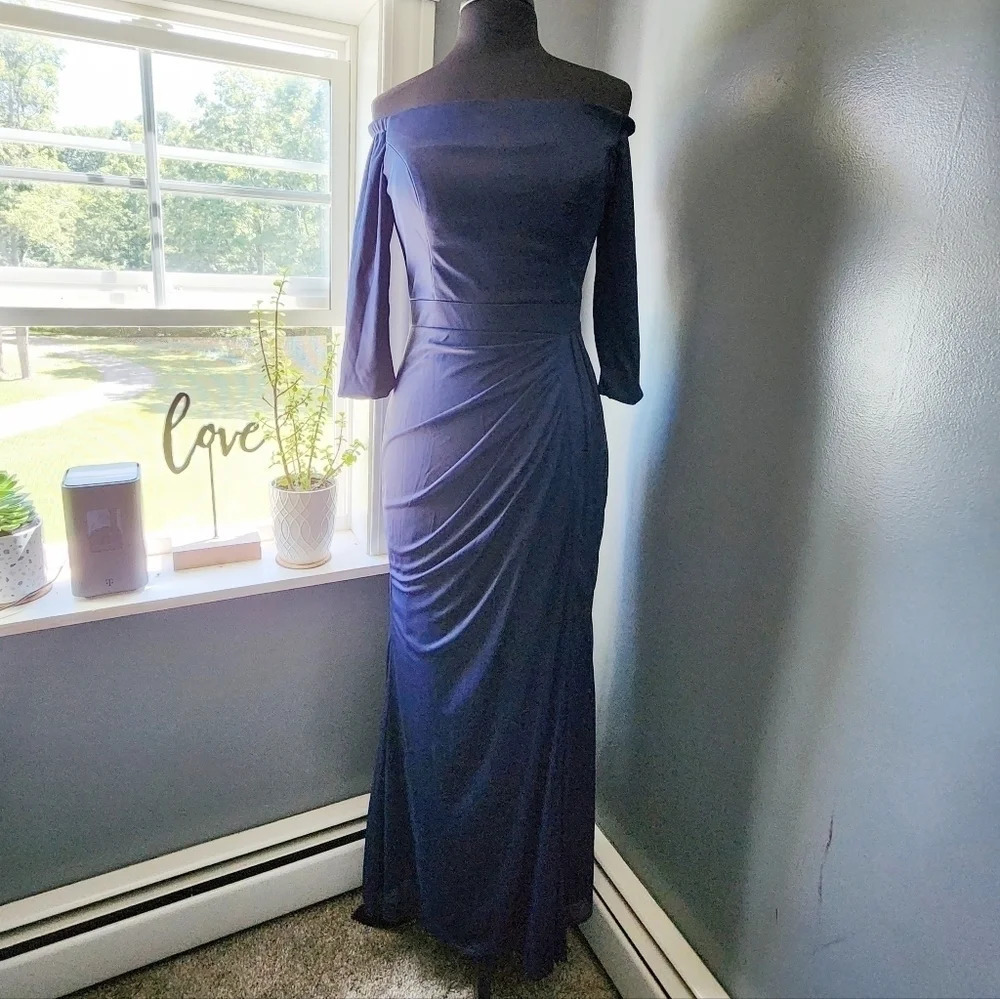 Allure Bridesmaids Off the Shoulder Navy Dress